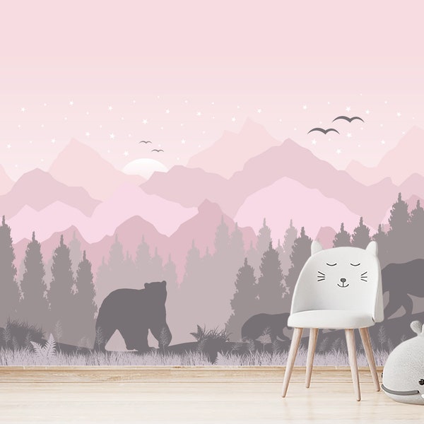 Mountains Wallpaper for Baby Girl Room. Woodland Peel and Stick Wall Mural. Forest Animal Bear Kids Toddler Bedroom. Pink Grey Wallpaper