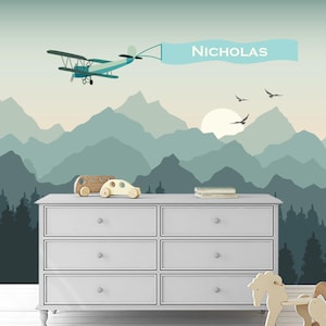 New Mountain and Airplane Wallpaper for Boys Room Removable, Personalized Name Planes Kids Wall Mural Peel and Stick, Woodland Wallpaper