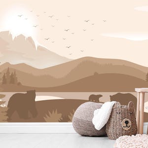 Woodland Wallpaper Nursery Peel and Stick Bear Animals Wall Mural Kids Room Pine and Mountains Toddler Bedroom Brown Ombre Mountain Decor