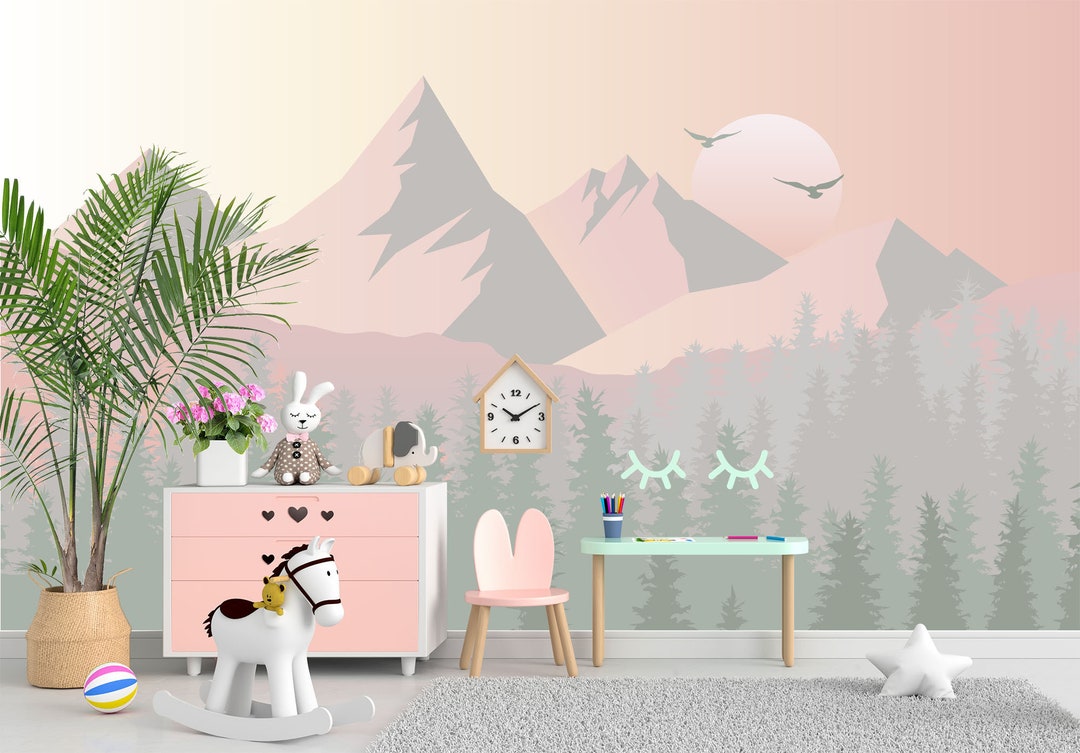 Mountains Wallpaper for Girl Room. Green Forest Wall Mural. Pastel Pink
