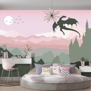 Mountain Wallpaper for Girl Room Removable, Dragon Wall Mural, Pastel Pink Mountain Wallpaper PVC FREE, Fairytale Сastle Playroom Decor