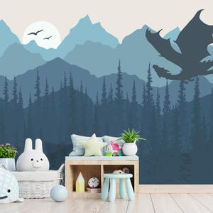 Mountains Wallpaper for Boys Room Removable, Fairy Dragon and Moon Peel and Stick, Forest Wallpaper, Blue Ombre Nature Wall Mural
