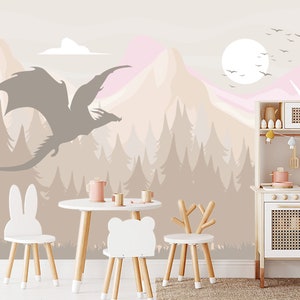Soft Pastel Pink Mountain Wallpaper for Toddler Girl Nursery, Fairy Dragon and Unicorn Wall Mural Peel and Stick Bedroom, Forest Wallpaper