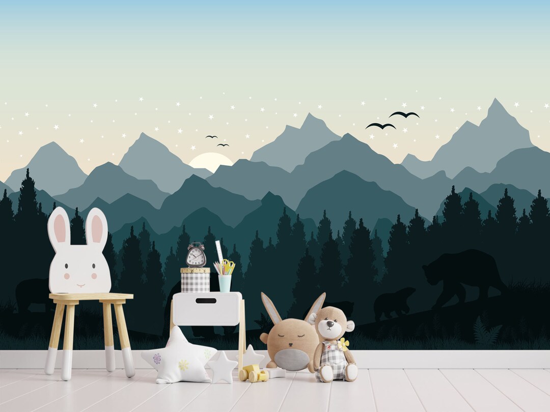 Mountain Wallpaper Nursery Peel and Stick Wall Mural Kids Room Forest