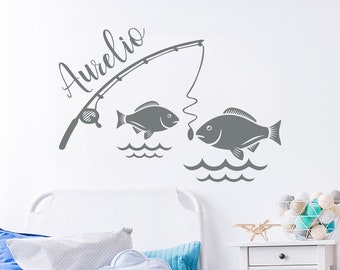 Boys Name Wall Decal / Fish Vinyl Sticker / Nautical Custom Name Decals / Fishing Rod Personalized / Fishing Nursery Bedroom Decor ER315