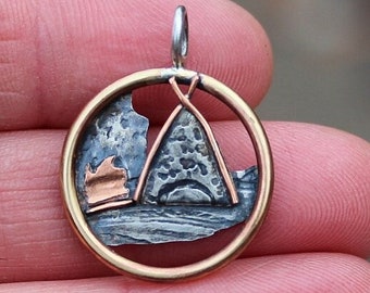 Handmade tent, camping, fire, bushcraft pendant / pendant only / silver, brass, copper necklace / mixed metals