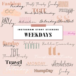 Può includere: Set di adesivi per storie di Instagram con temi settimanali e del fine settimana, come "Fashion Friday" e "Lazy Sunday". Il testo è in vari font e colori su sfondo rosa chiaro.