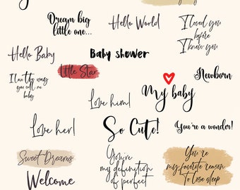 May include: Collection of Instagram story stickers with baby-themed phrases in elegant cursive script. Phrases include "Baby Boo," "Hello World," "My baby," and "So Cute!" on a cream background. The words "Instagram Story Stickers" and "Baby" are also present.