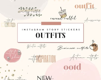 May include: A collection of Instagram story stickers with outfit-related themes. The stickers include phrases like "Outfit day," "Spring outfit," "Monday outfit," "Casual outfit," and "Winter outfits." The central text reads "OUTFITS."