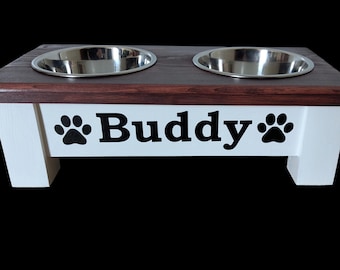 Personalized Pine Dog Bowl Stand, Raised Feeder with Name, Double Bowl Pet Station