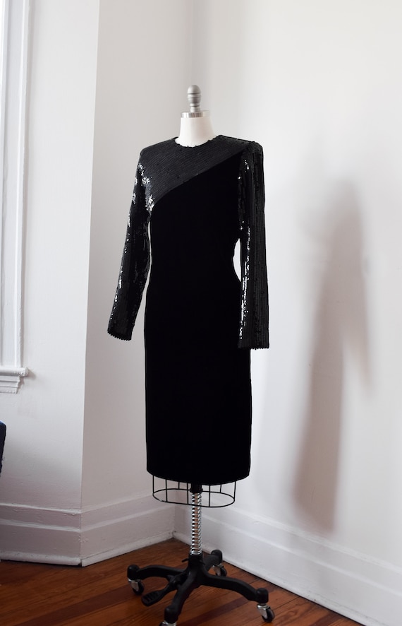 1980's Black Velvet and Sequin Long Sleeved Textu… - image 1