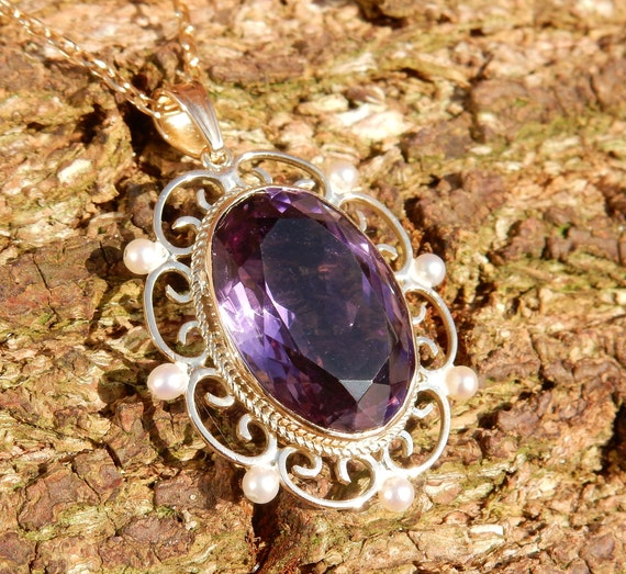 Vintage 9ct / 9k Yellow Gold Amethyst and Pearl P… - image 7