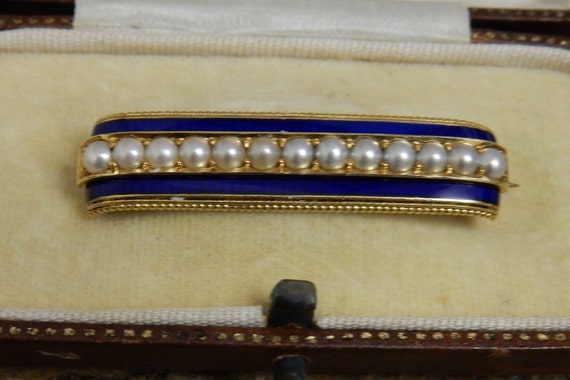 Antique 15k Gold Pearl and Blue Enamel late Victo