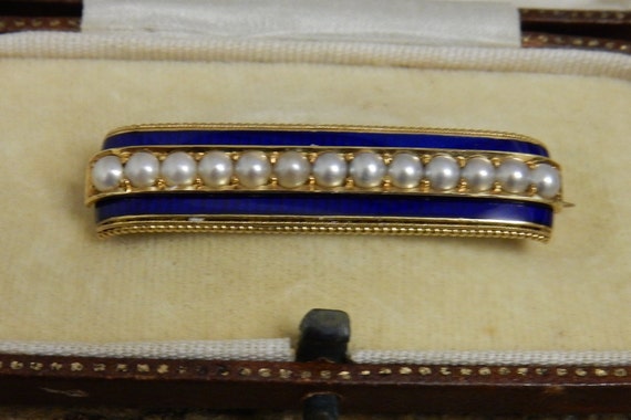 Vintage 15k Gold Pearl and Blue Enamel late Victo… - image 1