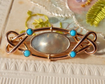 Spilla Art Nouveau in turchese e madreperla da 9 ct / 9 kt.