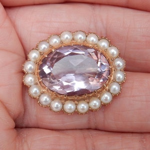 9ct gouden amethist & parel ovale broche. Vintage