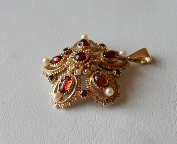 Vintage 9ct / 9k Gold Garnet & Pearl 1970s Pendan… - image 10