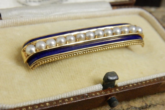 Vintage 15k Gold Pearl and Blue Enamel late Victo… - image 5