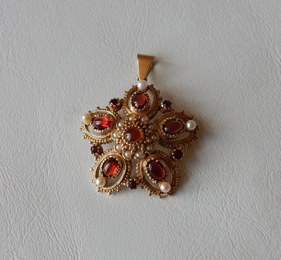 Vintage 9ct / 9k Gold Garnet & Pearl 1970s Pendan… - image 5