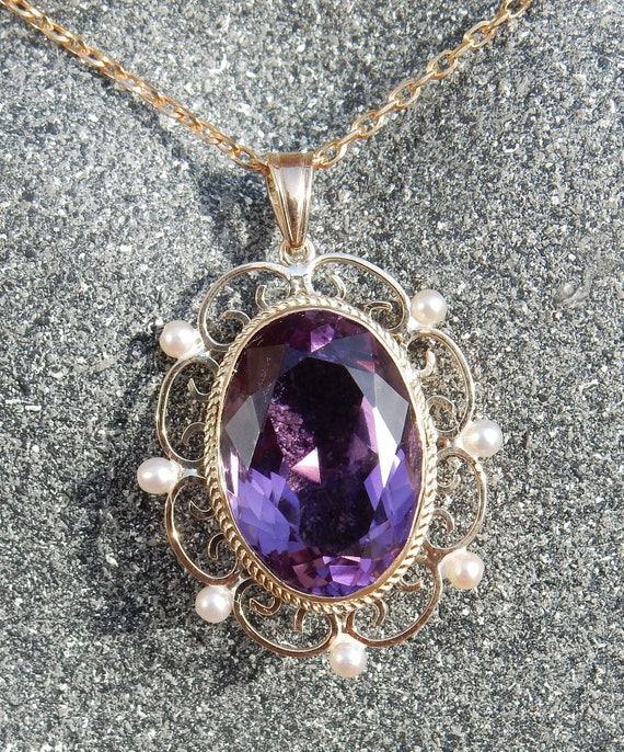 Vintage 9ct / 9k Yellow Gold Amethyst and Pearl P… - image 3