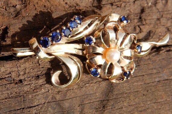 Vintage  9ct / 9k Gold, Sapphire and Pearl Brooch… - image 6