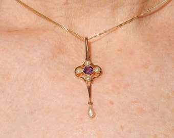 15ct / 15k Gold Amethyst & Pearl Drop Pendant (chain not included)