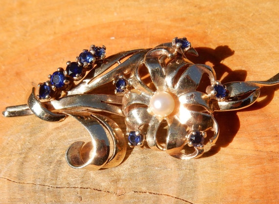Vintage  9ct / 9k Gold, Sapphire and Pearl Brooch… - image 7