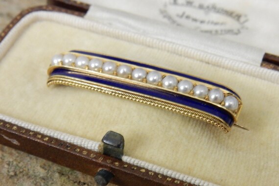 Vintage 15k Gold Pearl and Blue Enamel late Victo… - image 8