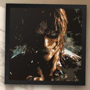 Könnte beinhalten: Ein quadratisches Wandbild mit einer dunklen, stilisierten Illustration einer Figur mit scharfen Gesichtszügen, leuchtenden Augen und entblößten Zähnen. Das Kunstwerk ist in einem schlichten schwarzen Rahmen gefasst und zeigt eine kontrastreiche Ästhetik.