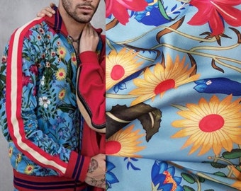 Blue Floral Silk Blend Satin Fabric