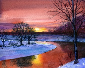Winter Sunset, Giclee archival art print 8 x 8 inches square made from my original watercolor painting