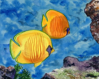 Bright yellow, Bluecheek Butterfly Fish - Original watercolor painting, signed by artist