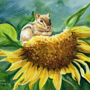 Chipmunk snacking on sunflower, Original watercolor painting, signed by artist. 8 x 6 in