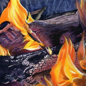 Backyard Fire Pit, campfire, s’mores fire, warm cozy Original watercolor painting 8in x 8in, signed original painting by Doug Ghering