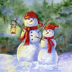 Winter Snowmen's Light, wydruk akwarelowy Giclee. Zimowy bałwan z czerwonym szalikiem i czapką trzymający latarnię. Świetny pomysł na prezent.