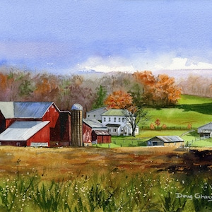 Autumn Farm, colorful fall landscape, countryside, Giclee art print reproduced from original watercolor painting, signed by artist