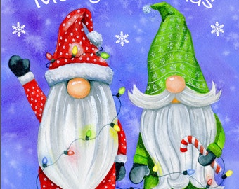 Christmas Gnomes Art Print: Snowy Holiday Lights Giclee (8x10)