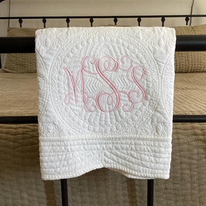 Embroidered Cotton Heirloom Baby Blanket: Personalized Name Quilt, Scalloped Edge
