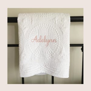 Embroidered Cotton Heirloom Baby Blanket: Personalized Name Quilt, Scalloped Edge