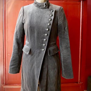 Military frock coat, olive green, velvet with metal buttons, Gothic, Steampunk, Victorian, uniform jacket, size 36/small for women, vintage 1990s