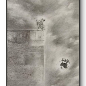 Boven en buiten. Dit is een originele houtskooltekening van pantelstudio, kunst, houtskool, muurkunst, houtskool, scifi, fantasy.