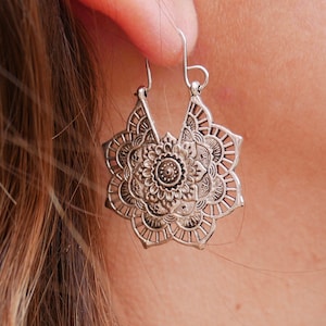 Oriental boho earrings in silver lace Mandala