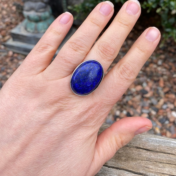 Bague réglable Pierre ovale en Lapis Lazuli naturel, Made in France