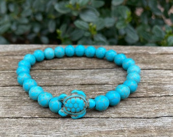 Bracelet perles Howlite Turquoise et tortue de mer, Made in France