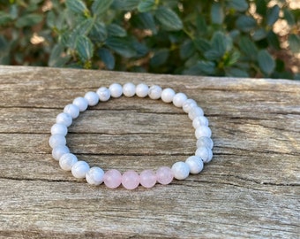 Bracelet élastique en Howlite naturelle et Quartz Rose, Made in France