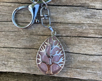 Porte-clefs ou bijou de sac Arbre de vie en Quartz Rose, Made in France