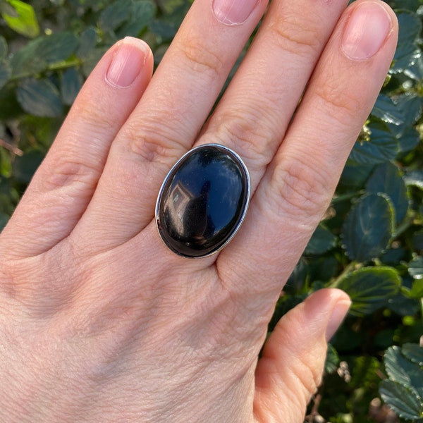 Bague réglable ovale en Onyx naturel, Made in France