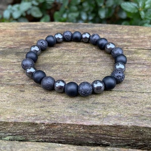 Pulsera elástica &quot;Triple Protección&quot; Piedra de lava, hematita y ónix negro, Made in France
