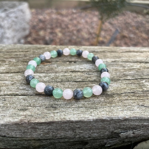 Bracelet élastique "Triple Protection" Labradorite, Aventurine et Quartz Rose, Made in France