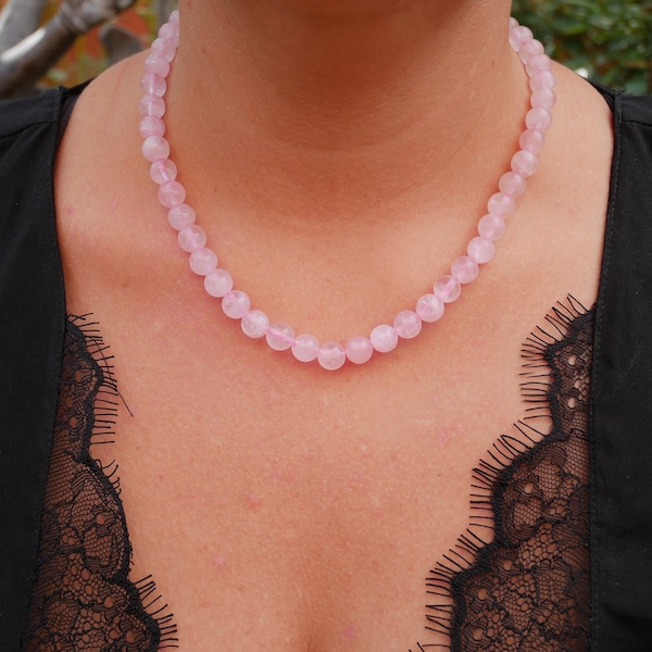 Necklace or choker in natural Rose Quartz, Made in France